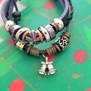 Holiday Bells Black Leather Tie Adjustable Bracelet New